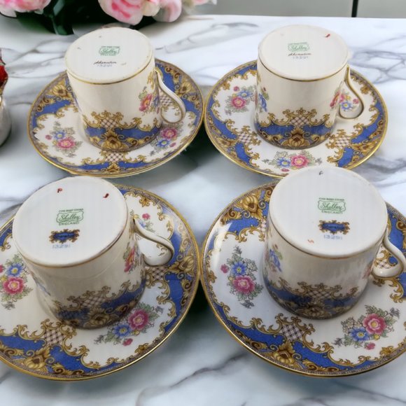 Shelley Bone China Espresso Cup & Saucer Flat Demi Set Sheraton Blue England - Picture 9 of 16